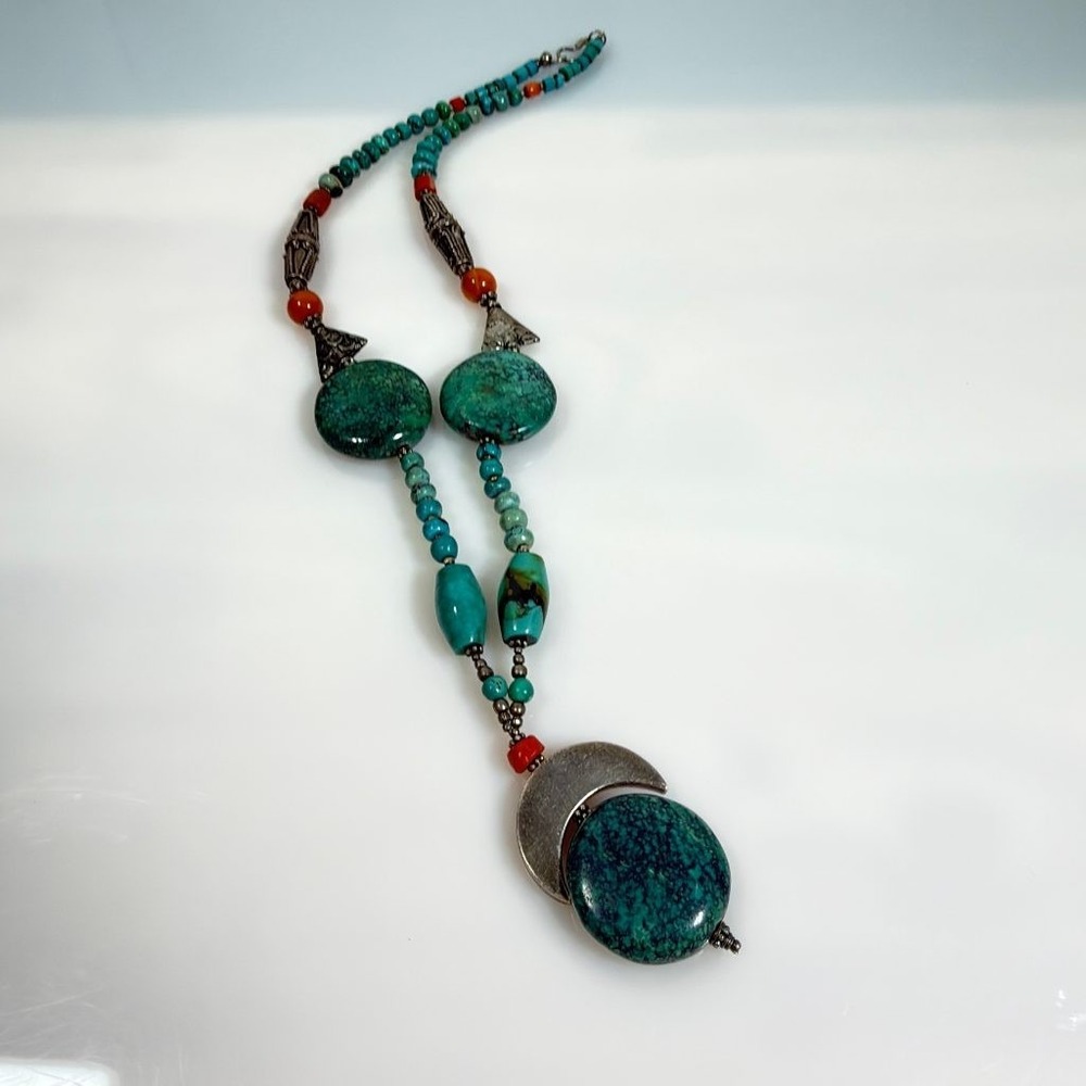 Vintage Turquoise Necklace Sterling Silver Beads 20" with a 2" Drop - Picture 6 of 12